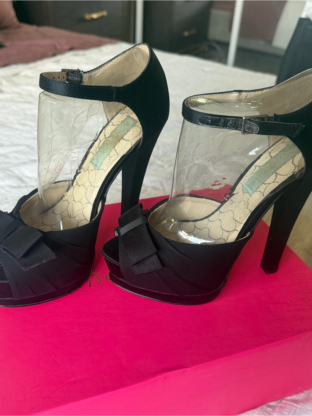 Black Betsey Johnson Peep-Toe Platform Heels with Ankle Strap - Picture 2 of 6
